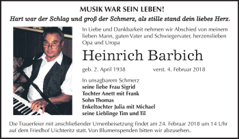 Traueranzeige von Heinrich Barbich von Mitteldeutsche Zeitung Weißenfels