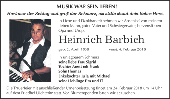 Traueranzeige von Heinrich Barbich von WVG - Wochenspiegel NMB / WSF / ZTZ