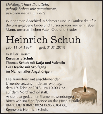 Traueranzeige von Heinrich Schuh von Mitteldeutsche Zeitung Halle/Saalkreis