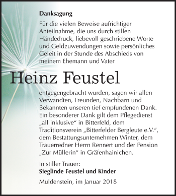 Traueranzeige von Heinz Feustel von Mitteldeutsche Zeitung Bitterfeld
