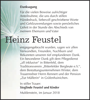 Traueranzeige von Heinz Feustel von WVG - Wochenspiegel Bitterfeld