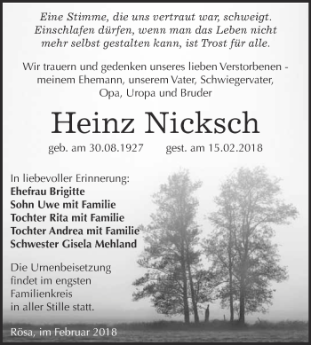Traueranzeige von Heinz Nicksch von WVG - Wochenspiegel Bitterfeld