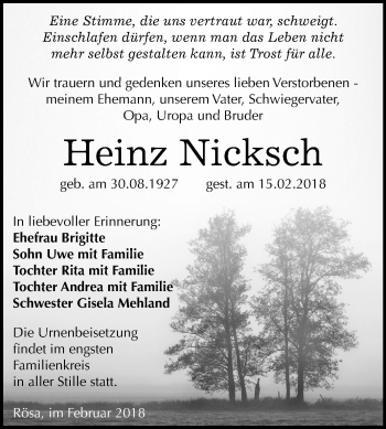 Traueranzeige von Heinz Nicksch von Mitteldeutsche Zeitung Bitterfeld