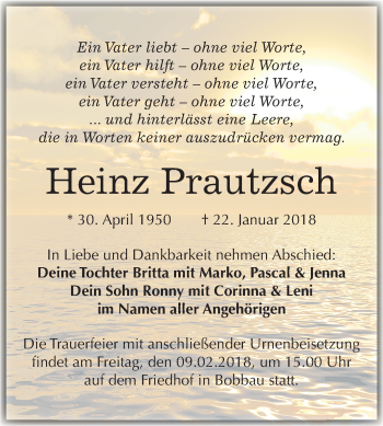Traueranzeige von Heinz Prautzsch von Mitteldeutsche Zeitung Bitterfeld