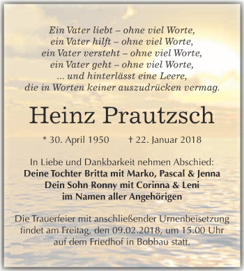 Traueranzeige von Heinz Prautzsch von WVG - Wochenspiegel Bitterfeld