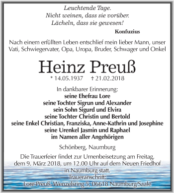 Traueranzeige von Heinz Preuß von Mitteldeutsche Zeitung