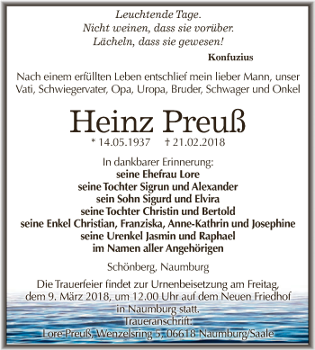 Traueranzeige von Heinz Preuß von WVG - Wochenspiegel NMB / WSF / ZTZ