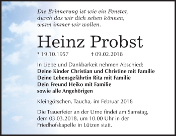 Traueranzeige von Heinz Probst von Mitteldeutsche Zeitung