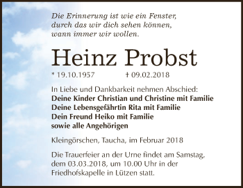 Traueranzeige von Heinz Probst von WVG - Wochenspiegel NMB / WSF / ZTZ