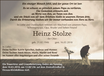 Traueranzeige von Heinz Stolze von WVG - Wochenspiegel Dessau / Köthen