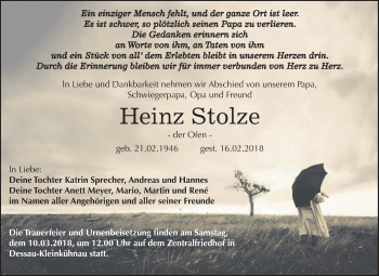 Traueranzeige von Heinz Stolze von Mitteldeutsche Zeitung Dessau-Roßlau