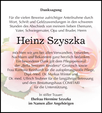 Traueranzeige von Heinz Szyszka von Super Sonntag Zeitz