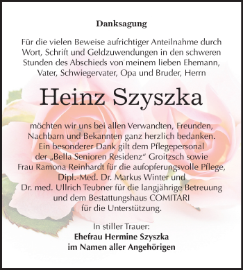 Traueranzeige von Heinz Szyszka von Mitteldeutsche Zeitung Zeitz
