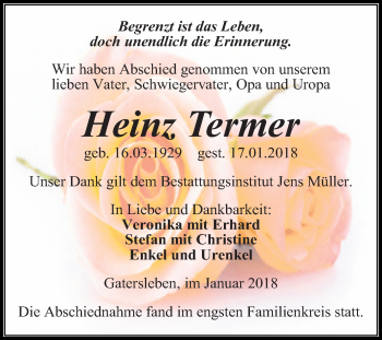 Traueranzeige von Heinz Termer von Mitteldeutsche Zeitung Aschersleben