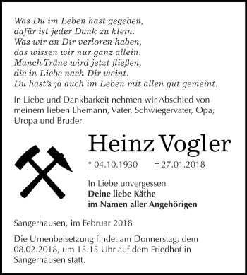 Traueranzeige von Heinz Vogler von Super Sonntag SGH Mansf. Land