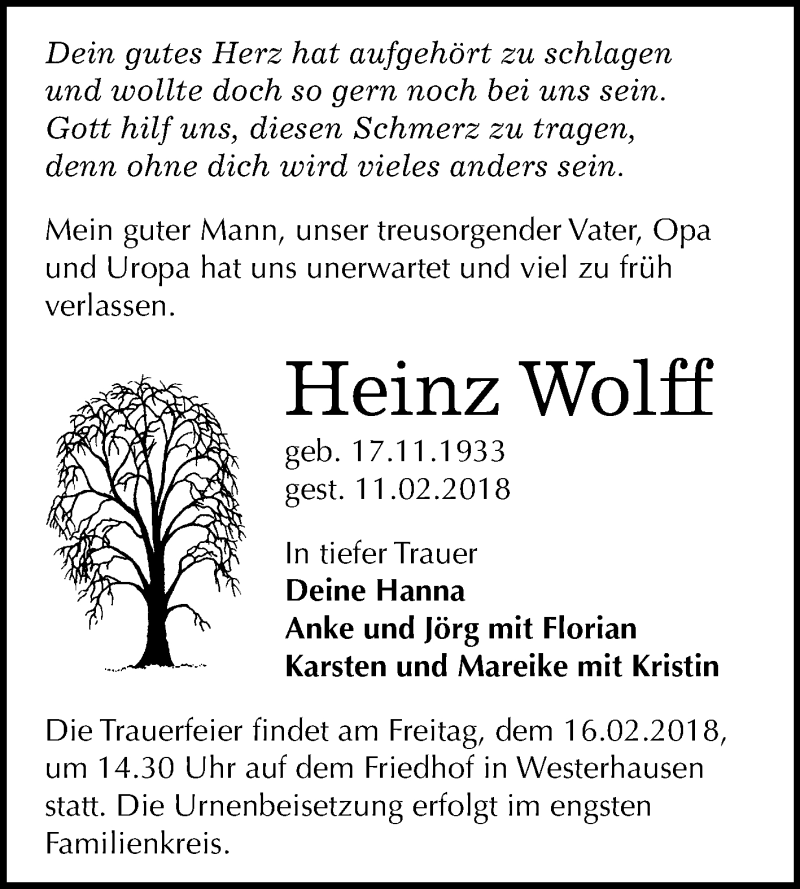  Traueranzeige für Heinz Wolff vom 14.02.2018 aus Mitteldeutsche Zeitung Quedlinburg