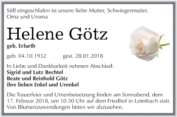 Traueranzeige von Helene Götz von Super Sonntag SGH Mansf. Land