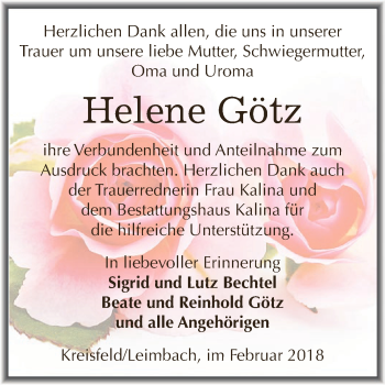 Traueranzeige von Helene Götz von Super Sonntag SGH Mansf. Land