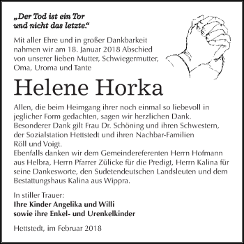 Traueranzeige von Helene Horka von Super Sonntag SGH Mansf. Land