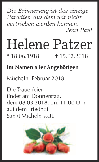 Traueranzeige von Helene Patzer von WVG - Wochenspiegel Merseburg