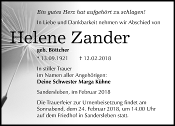 Traueranzeige von Helene Zander von Mitteldeutsche Zeitung