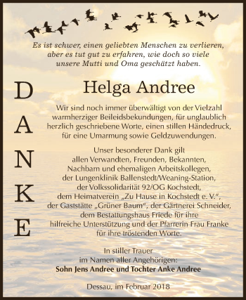 Traueranzeige von Helga Andree von WVG - Wochenspiegel Dessau / Köthen
