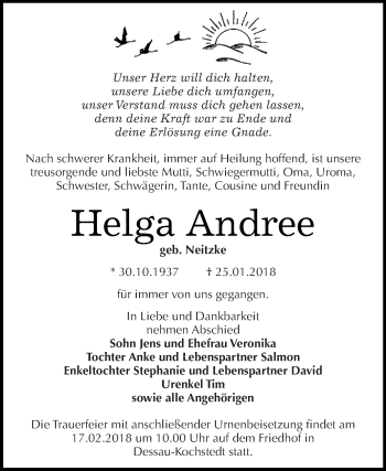 Traueranzeige von Helga Andree von WVG - Wochenspiegel Dessau / Köthen