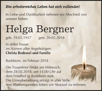 Traueranzeige von Helga Bergner von Mitteldeutsche Zeitung