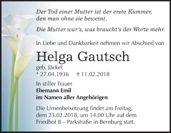 Traueranzeige von Helga Gautsch von Mitteldeutsche Zeitung Bernburg