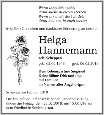 Traueranzeige von Helga Hannemann von Mitteldeutsche Zeitung Bitterfeld