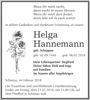 Traueranzeige von Helga Hannemann von WVG - Wochenspiegel Bitterfeld
