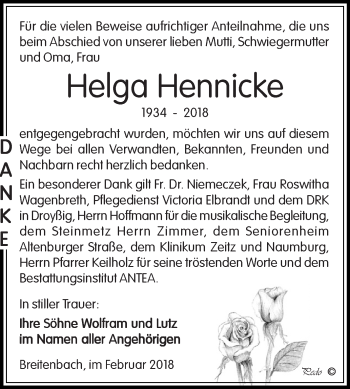 Traueranzeige von Helga Hennicke von Super Sonntag Zeitz