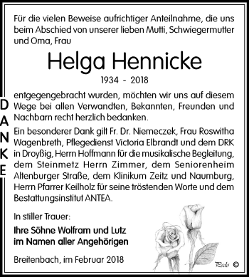 Traueranzeige von Helga Hennicke von Mitteldeutsche Zeitung Zeitz