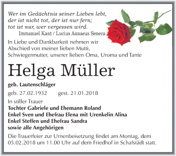 Traueranzeige von Helga Müller von Mitteldeutsche Zeitung Merseburg/Querfurt