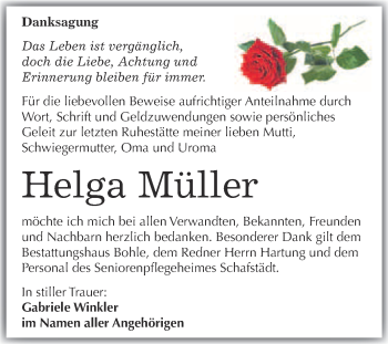 Traueranzeige von Helga Müller von Super Sonntag Merseburg