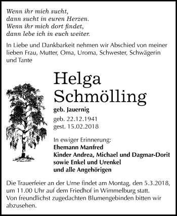 Traueranzeige von Helga Schmölling von Mitteldeutsche Zeitung