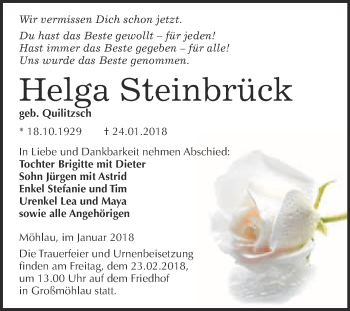 Traueranzeige von Helga Steinbrück von WVG - Wochenspiegel Wittenberg