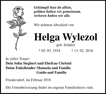 Traueranzeige von Helga Wylezol von Mitteldeutsche Zeitung Bitterfeld