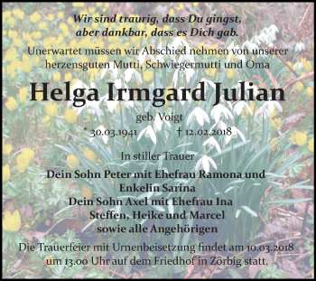 Traueranzeige von Helga Irmgard Julian von Mitteldeutsche Zeitung Bitterfeld