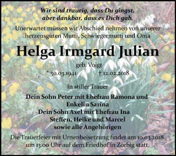 Traueranzeige von Helga Irmgard Julian von WVG - Wochenspiegel Bitterfeld