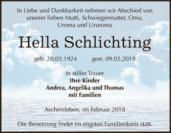 Traueranzeige von Hella Schlichting von Super Sonntag Aschersleben