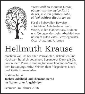 Traueranzeige von Hellmuth Krause von WVG - Wochenspiegel Bitterfeld