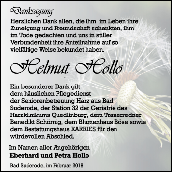 Traueranzeige von Helmut Hollo von Mitteldeutsche Zeitung Quedlinburg