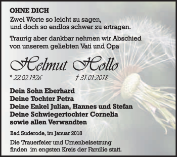 Traueranzeige von Helmut Hollo von WVG - Wochenspiegel Quedlinburg