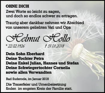 Traueranzeige von Helmut Hollo von Mitteldeutsche Zeitung Quedlinburg