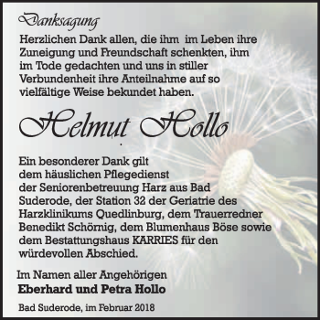 Traueranzeige von Helmut Hollo von WVG - Wochenspiegel Quedlinburg
