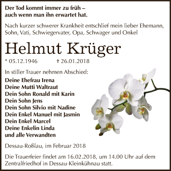 Traueranzeige von Helmut Krüger von WVG - Wochenspiegel Dessau / Köthen