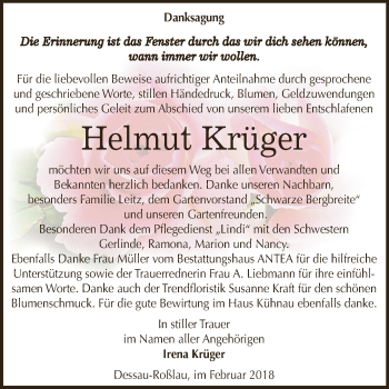 Traueranzeige von Helmut Krüger von WVG - Wochenspiegel Dessau / Köthen