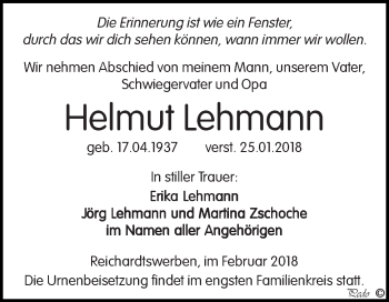 Traueranzeige von Helmut Lehmann von WVG - Wochenspiegel NMB / WSF / ZTZ