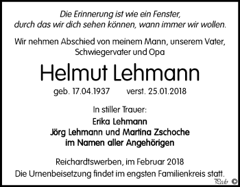 Traueranzeige von Helmut Lehmann von Mitteldeutsche Zeitung Weißenfels